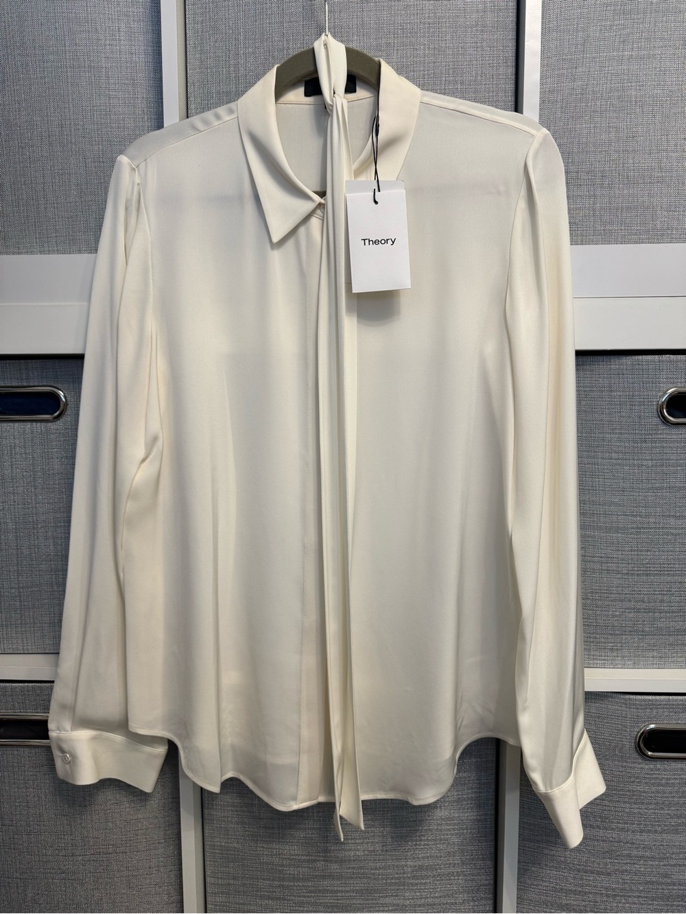 Theory Cream Tie-Neck Long-Sleeve Button Down Blouse